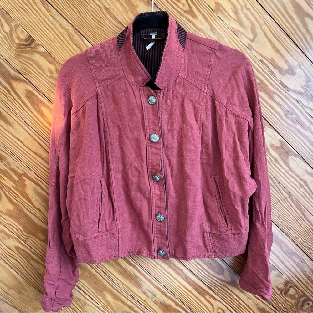 Free People Military Utility Jacket Linen Blend Red - Picture 2 of 6